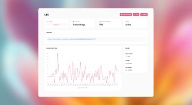 Podric Pulse dashboard for a monitoring project named CBS: scope all podcasts, 1,798 results collected, status active, an API feed URL and a line chart of results per day.